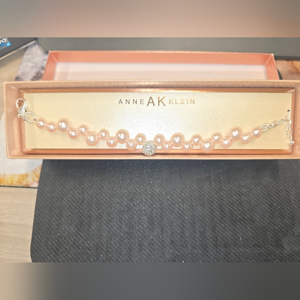 Anne Klein Pink Pearl Necklace with Rhinestone Accent - Picture 2 of 6
